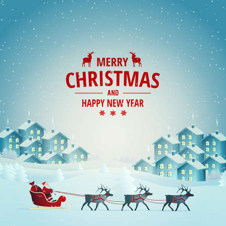 Vector illustration on the theme of Christmas and New Year. Daytime winter landscape. Santa Claus presents gifts. Merry Christmas card.のイラスト素材