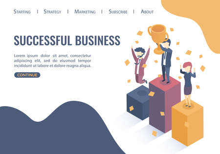 Isometric vector illustration. Concept of success. Successful business. Happy businessmen have received a reward for their work. Flat style.のイラスト素材