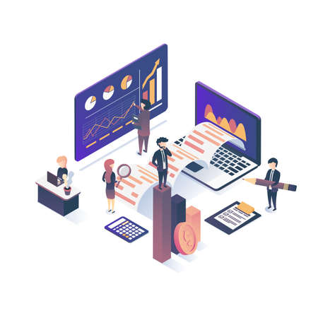 The concept of business auditing. Verification of accounting data. Financial report. Professional audit advice. Flat isometric style.のイラスト素材