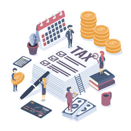 Isometric vector illustration. The concept of business auditing. Tax audit. Verification of accounting data. Financial report. Professional audit advice.のイラスト素材