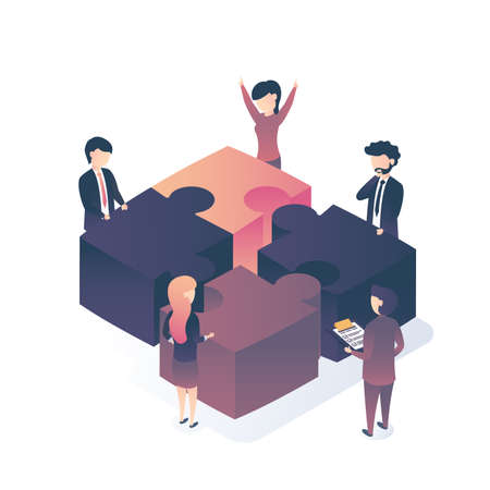 Isometric vector illustration. The concept of business teamwork. Business problem solutions. Corporate training. Flat style.のイラスト素材