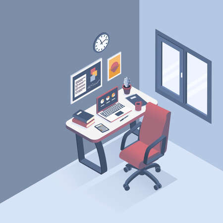 Isometric vector illustration. The concept of the workplace in the office. Flat style.のイラスト素材