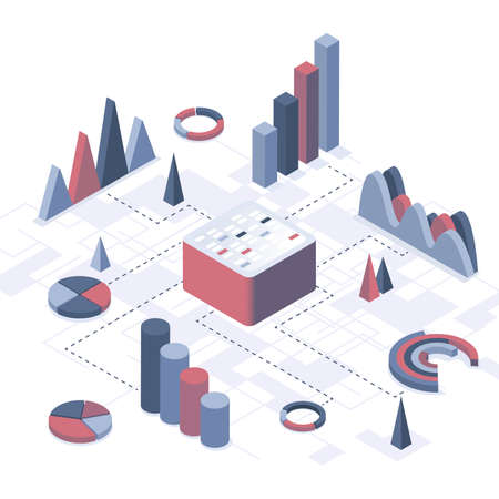Isometric vector illustration. Concept of data analysis, information gathering, formatting of graphs and diagrams. Business statisticsのイラスト素材