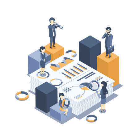 Isometric vector illustration. The concept of business auditing. Analysis of statistics, management, administration. Verification of accounting data. Financial report. Professional audit advice. Flat isometric style.のイラスト素材