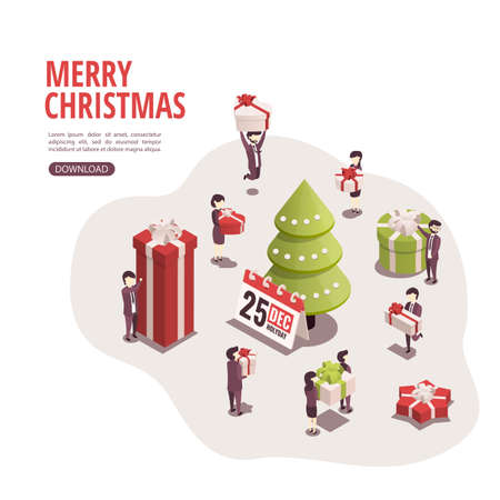 Isometric illustration for christmas and new year. Employees give each other presents for Christmas.のイラスト素材