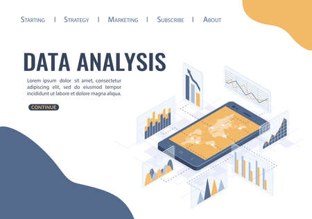 Isometric vector illustration. Smartphone with business infographics. The concept of analyzing statistics collecting data through a mobile application.のイラスト素材