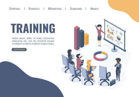 Isometric vector illustration. The concept of business training. Corporate training. Seminar for employees. Analysis of statistics. Briefing.のイラスト素材