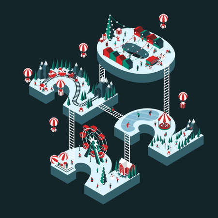 Vector illustration on the theme New Year 2022. Isometric style. Happy people are having fun and celebrating winter holidays. For a poster or banner and greeting card.のイラスト素材