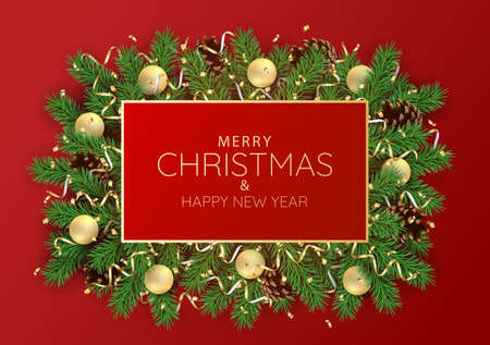 Christmas holidays. Christmas background with pine branches and decorationsのイラスト素材