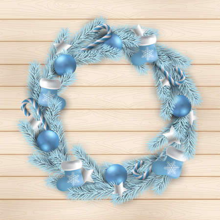 Christmas holidays. Christmas wreath on wooden texture background.のイラスト素材