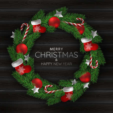 Christmas holidays. Christmas wreath on black wooden texture background.のイラスト素材