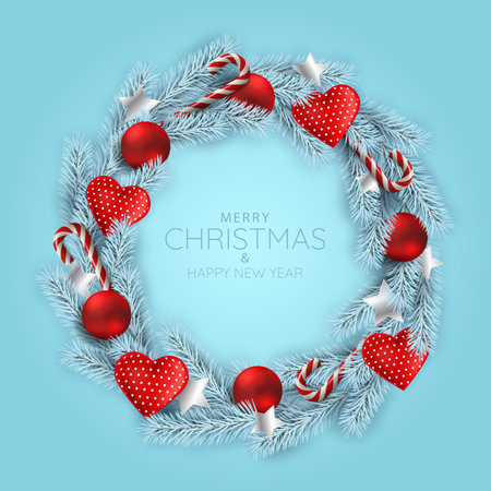 Christmas holidays. Christmas wreath on blue background.のイラスト素材