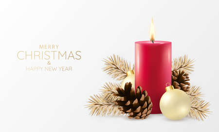 Vector illustration of Christmas and New Years. Christmas composition with candle, branches of a christmas tree, pinecone, christmas ballsのイラスト素材