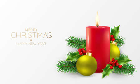 Vector illustration of Christmas and New Years. Christmas composition with candle, branches of a christmas tree, holly, christmas ballsのイラスト素材