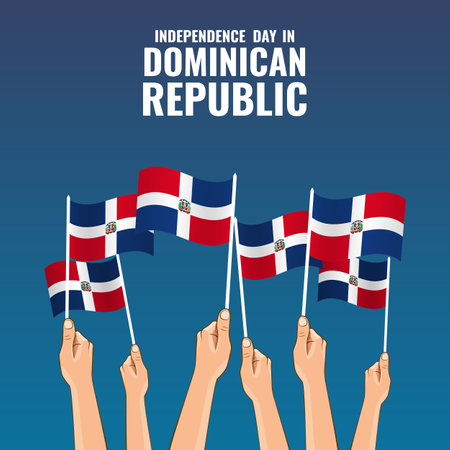 Independence Day in Dominican Republic. Hands hold the flags of the country. Vector Ilustration.のイラスト素材