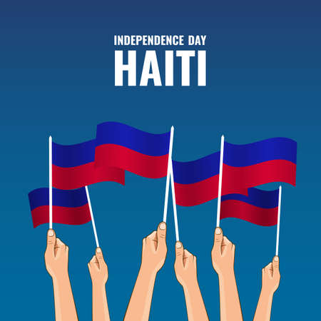 Independence Day in Haiti. Hands hold the flags of the country. Vector Ilustration.のイラスト素材