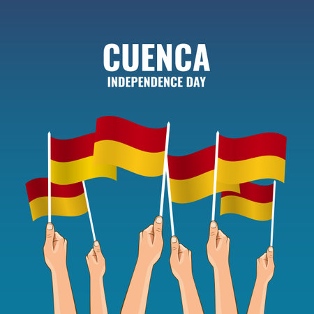 Vector Illustration of Cuenca Independence Day. Hands with flagsのイラスト素材