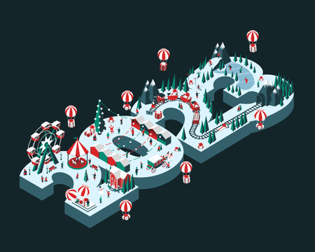 Vector illustration on the theme New Year 2023. Isometric style. Happy people are having fun and celebrating winter holidays. For a poster or banner and greeting card.のイラスト素材