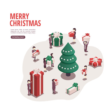 Isometric vector illustration for christmas and new year. Celebration concept. People prepare for the holiday, prepare gifts.のイラスト素材
