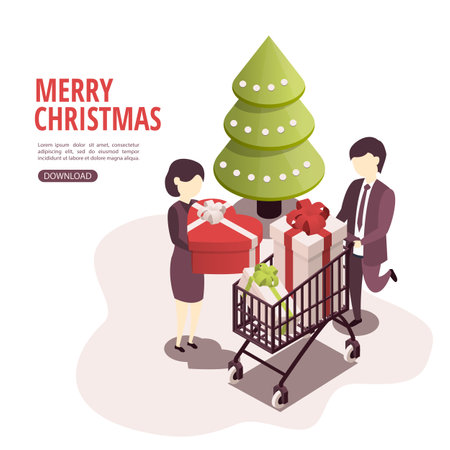 Isometric vector illustration for christmas and new year. Celebration concept. People prepare for the holiday, prepare gifts.のイラスト素材