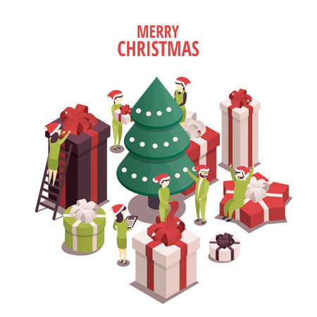 Isometric vector illustration for christmas and new year. Celebration concept. People prepare for the holiday, prepare gifts.のイラスト素材