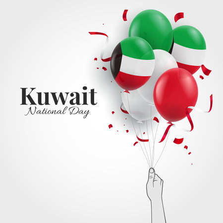 Vector Illustration of National Day Kuwait. Hand with kuwait flag balloonsのイラスト素材