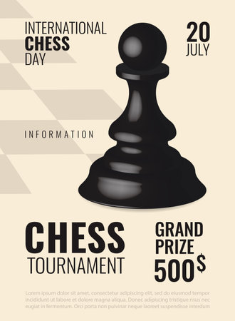 Vector illustration about chess tournament, match, game. 3D pawn is a chess piece. Use as advertising, invitation, banner, poster.のイラスト素材