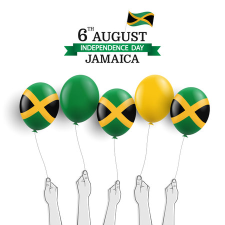 Vector Illustration of Jamaica Independence Day. Hands with balloons.のイラスト素材