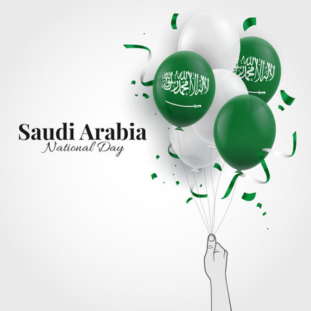 vector illustration. National Day of Saudi Arabia. Hand with balloons.のイラスト素材
