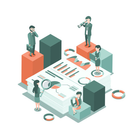 Isometric vector illustration. The concept of business auditing. Analysis of statistics, management, administration. Verification of accounting data. Financial report. Professional audit advice. Flat isometric style.のイラスト素材