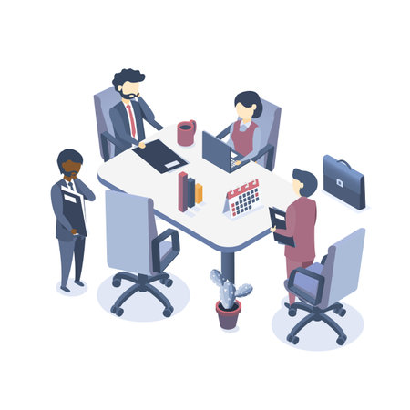 Isometric vector illustration. The concept of business meeting. Discussion of business projects, market analysis. Group work of businessmen.のイラスト素材