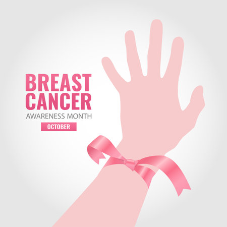 Vector Illustration of Breast Cancer Awareness Month. Hand with ribbon.のイラスト素材