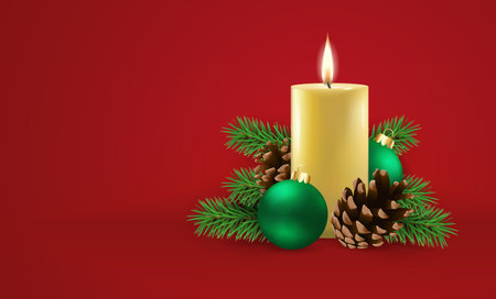 Vector illustration of Christmas and New Years. Christmas composition with candle, branches of a christmas tree, pinecone, christmas ornament.のイラスト素材