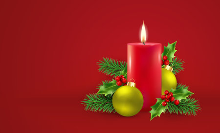 Vector illustration of Christmas and New Years. Christmas composition with candle, branches of a christmas tree, holly, christmas ornament.のイラスト素材
