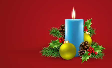 Vector illustration of Christmas and New Years. Christmas composition with candle, branches of a christmas tree, holly, christmas ornament.のイラスト素材