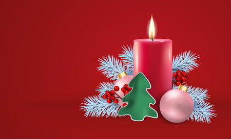 Vector illustration of Christmas and New Years. Christmas composition with candle, branches of a christmas tree, holly, christmas ornament.のイラスト素材
