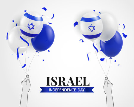 Independence Day of Israel. Hands holding the flag of Israel in the shape of a balloon. Vector Illustrationのイラスト素材