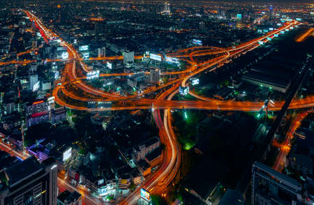 Aerial view of highway junction in Bangkok at night, Thailand.の写真素材