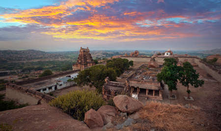 Sunset over the temples of Hampi, Karnataka, Indiaの写真素材