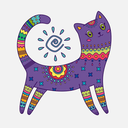 Vector abstract cat with traditional colorful ethnic patterns on itのイラスト素材