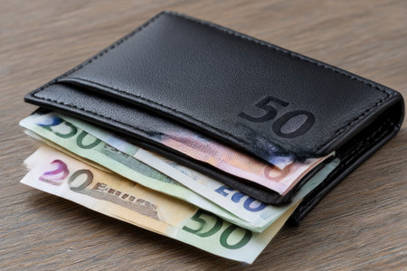 Euro banknotes in black wallet on wooden background, close-upの素材