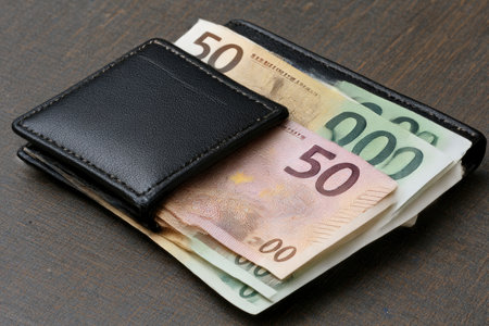 Fifty euro banknotes in black leather wallet on wooden background.の素材