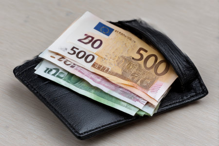 Euro banknotes in a black wallet on a wooden background close upの素材