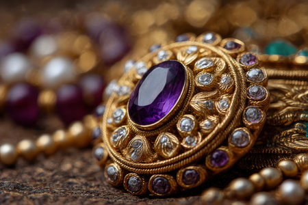 jewelry and precious stones on a wooden background close-upの素材