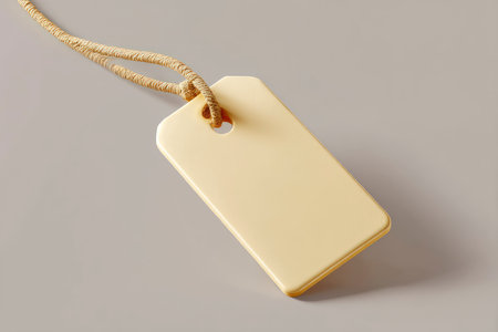 Blank golden price tag on grey background. 3d rendering.の素材
