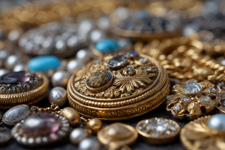 Beautiful vintage jewelry on a dark background close-up macro photographyの素材