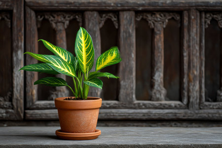 Calathea plant in pot on wooden table with window background.の素材