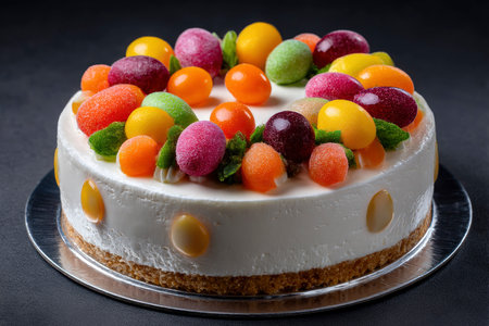 Cheesecake with candies and jelly beans on a black backgroundの素材