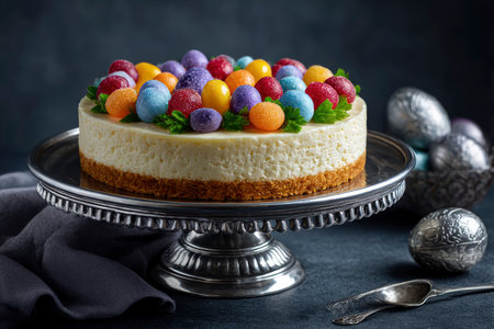 Homemade cheesecake with jelly beans and candies on dark backgroundの素材