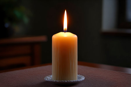 Candle on a table in a dark room with a dark backgroundの素材